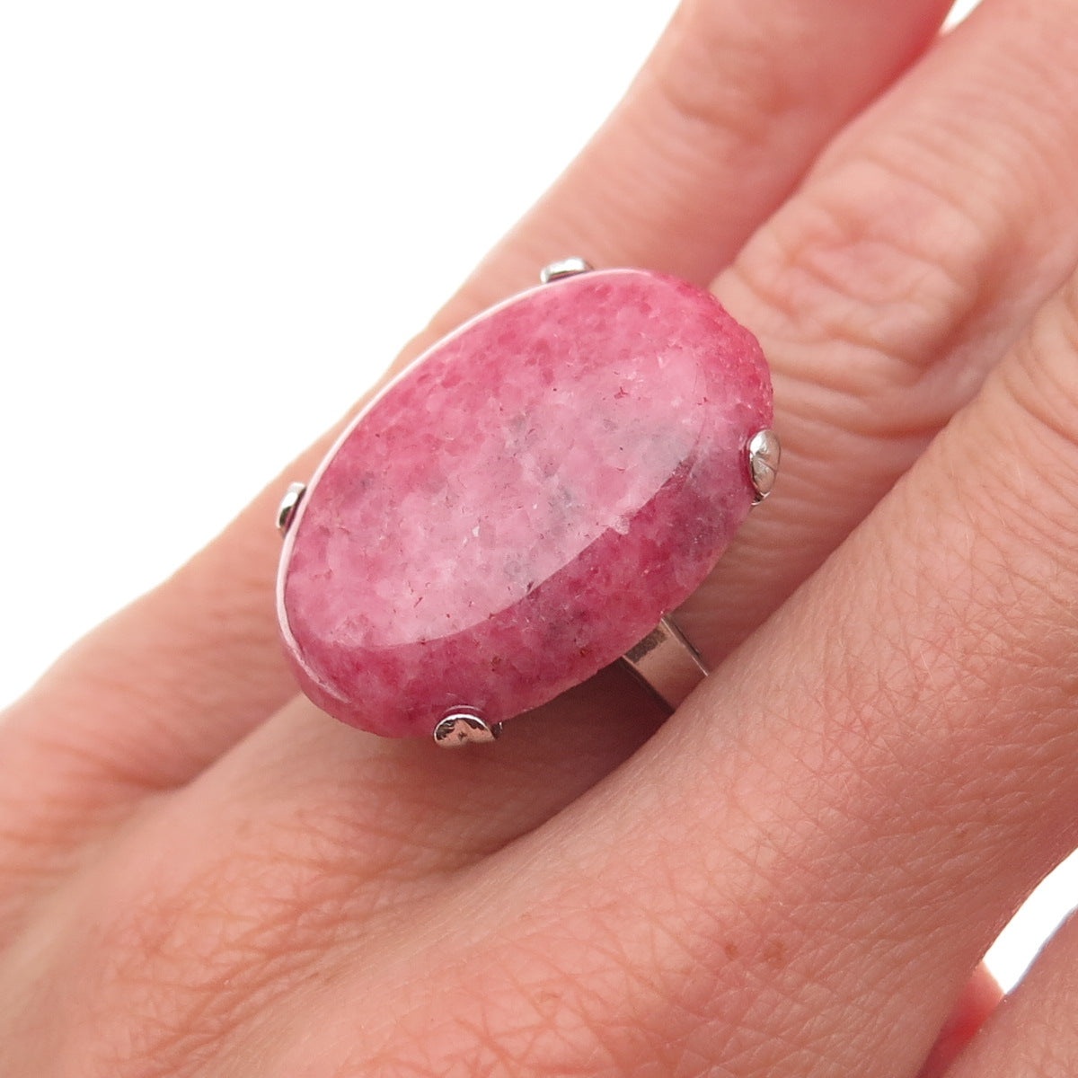 925 Sterling Silver Antique Art Deco Real Cabochon Rhodonite Ring Size 4