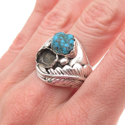 Old Pawn 925 Sterling Vintage Turquoise Feather Ring Size 13 (missing 1 stone)