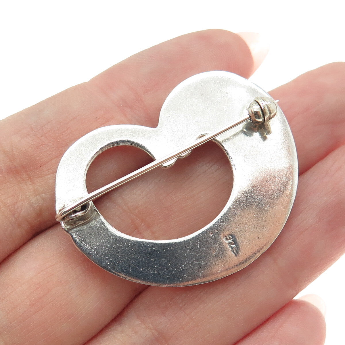 925 Sterling Silver Vintage Open Heart Modernist Pin Brooch