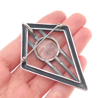 925 Sterling Silver Vintage Real Rhodochrosite Modernist Pin Brooch / Pendant