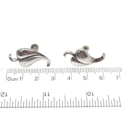 925 Sterling Silver Vintage Modernist Floral Leaf Oxidized Screw Back Earrings