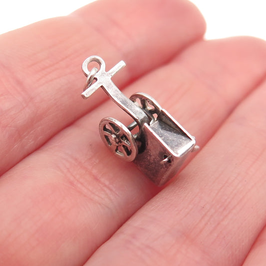 925 Sterling Silver Antique Art Deco Wheel Cart 3D Mini Charm Pendant
