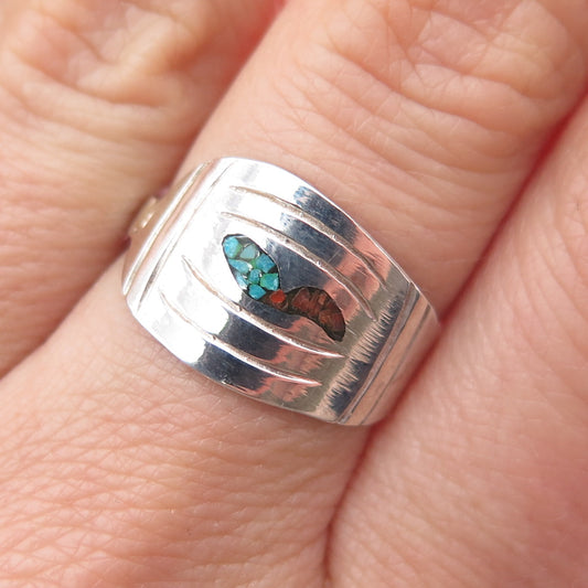 Regina Kallestewa Old Pawn Sterling Vintage Turquoise Coral Inlay Ring Size 7.75