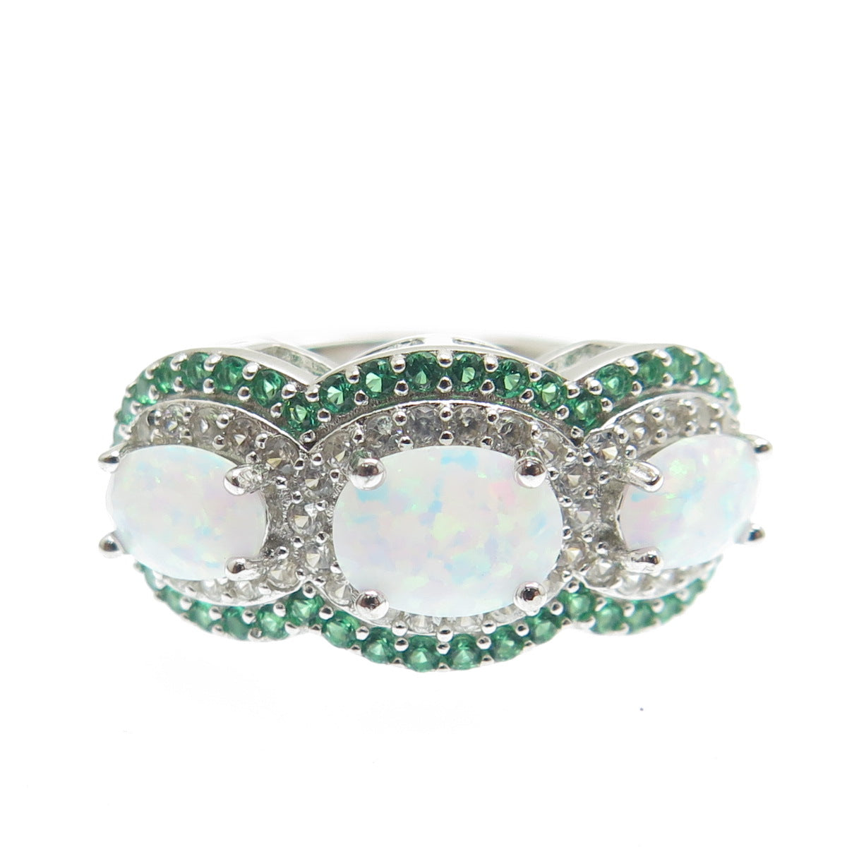 DSMK 925 Sterling Silver Real Opal White Topaz & Chrome Diopside Ring Size 7.25