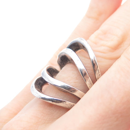 925 Sterling Silver Vintage Modernist 4-Row Oxidized Ring Size 5.25