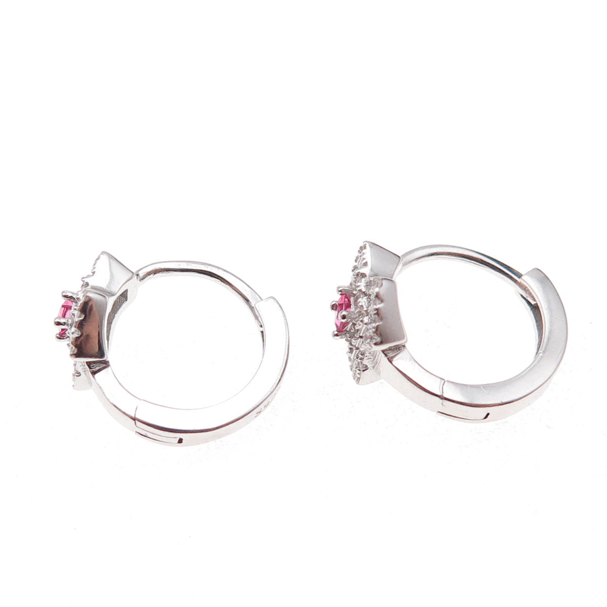 925 Sterling Silver Pink & White C Z Hoop Earrings