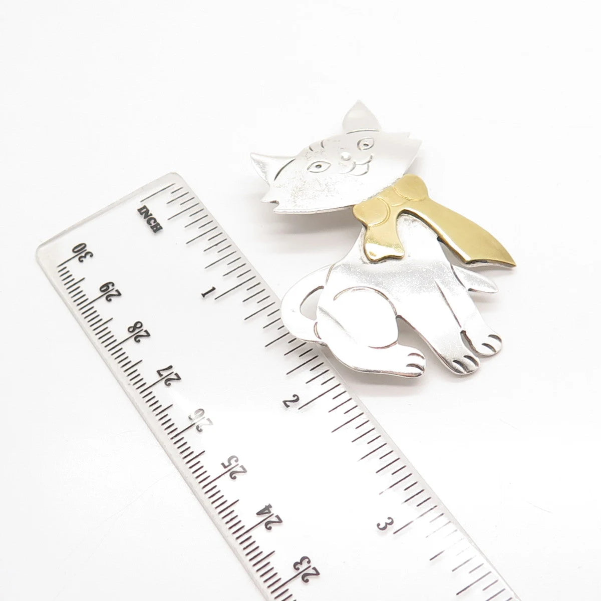 925 Sterling Silver 2-Tone Vintage Mexico Cat Pin Brooch