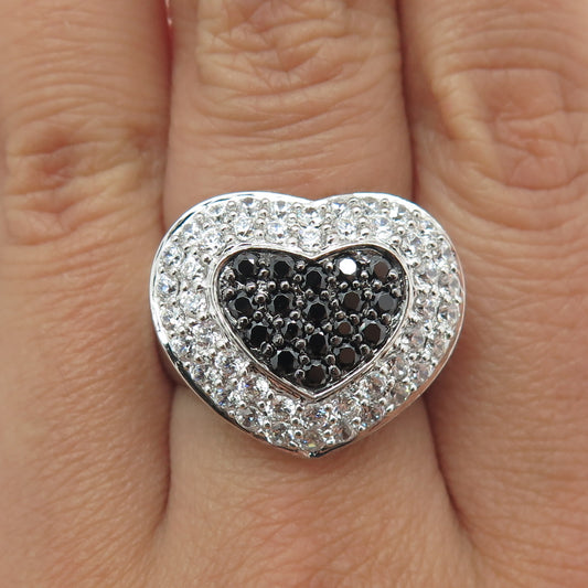 925 Sterling Silver Real Round-Cut Black Spinel & C Z Heart Ring Size 7.5