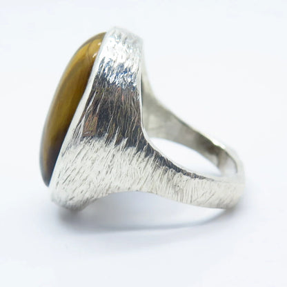 925 Sterling Silver Vintage Real Tiger Eye Gemstone Ring Size 9.75