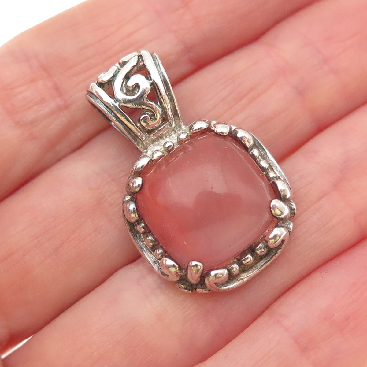 925 Sterling Silver Vintage Real Rose Quartz Swirl Oxidized Charm Pendant