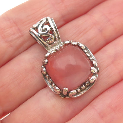 925 Sterling Silver Vintage Real Rose Quartz Swirl Oxidized Charm Pendant