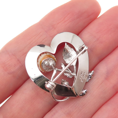Beau 925 Sterling Silver Vintage Enamel Rose Heart Pin Brooch
