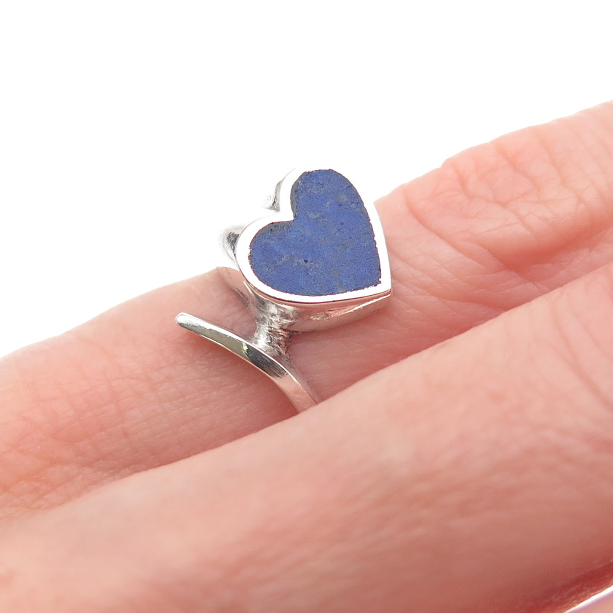 925 Sterling Silver Vintage Real Lapis Heart Bypass Oxidized Ring Size 4.25