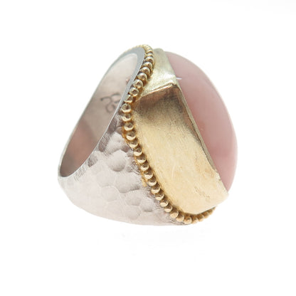 925 Sterling Silver 2-Tone Vintage HB Artisan Real Pink Opal Ring Size 5.25