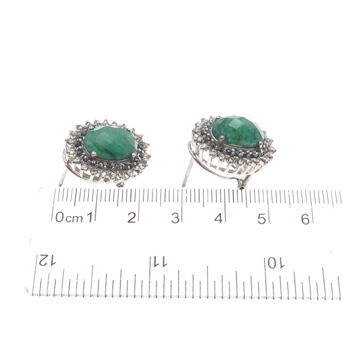 925 Sterling Silver Real Black & White Diamond Emerald Omega Back Earrings