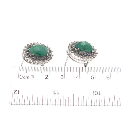 925 Sterling Silver Real Black & White Diamond Emerald Omega Back Earrings