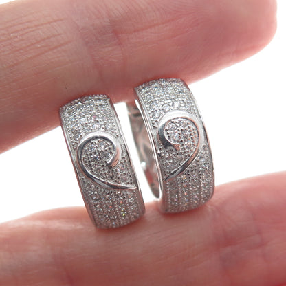 925 Sterling Silver Round-Cut C Z Heart Hoop Earrings