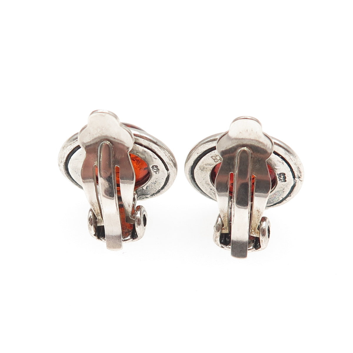 925 Sterling Silver Vintage Real Amber Oxidized Clip On Earrings