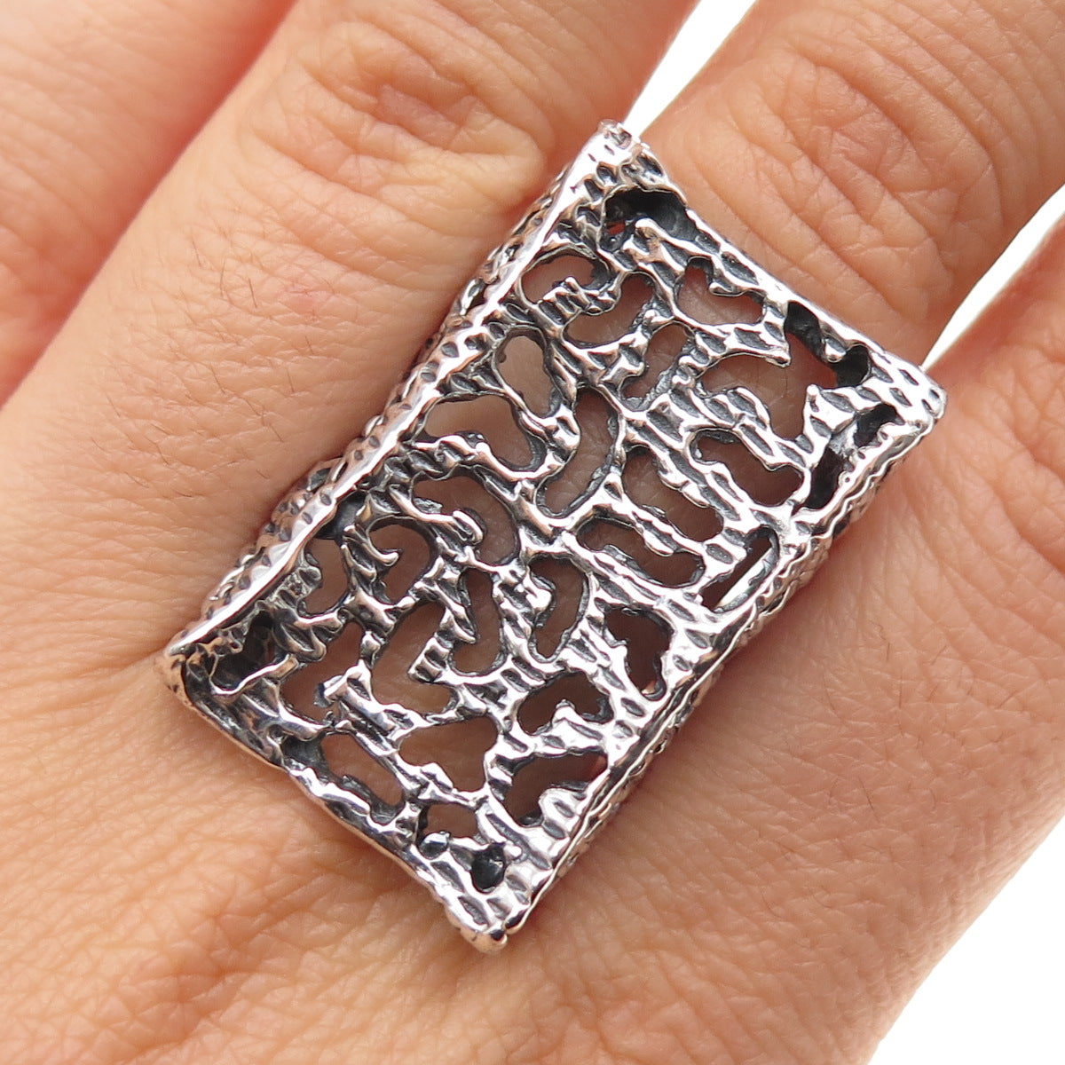 925 Sterling Silver Vintage Modernist Oxidized Statement Ring Size 8.75