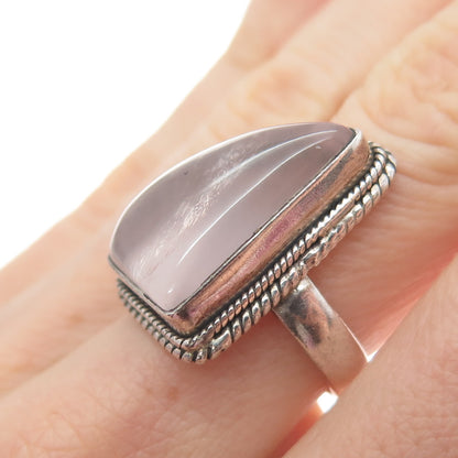 925 Sterling Silver Vintage Real Rose Quartz Modernist Shark Fin Ring Size 6.5