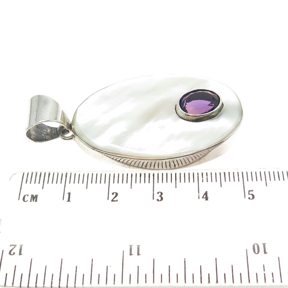 925 Sterling Silver Vintage Real Amethyst & MOP Oval Pendant