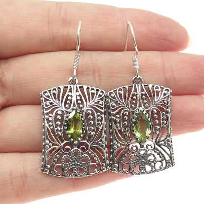 925 Sterling Silver Vintage Real Peridot Flower Oxidized Dangle Earrings