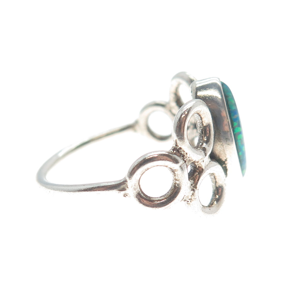 925 Sterling Silver Vintage Marquise-Cut Blue Opal Gemstone Circles Ring Size 8