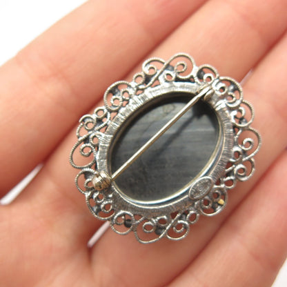 925 Sterling Silver Vintage Danecraft Real Hematite Gemstone Ornate Pin Brooch