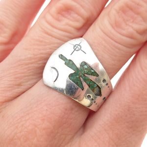 Charlie Singer Navajo Old Pawn 925 Sterling Turquoise Inlay Peyote Ring Size 8