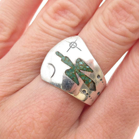 Charlie Singer Navajo Old Pawn 925 Sterling Turquoise Inlay Peyote Ring Size 8