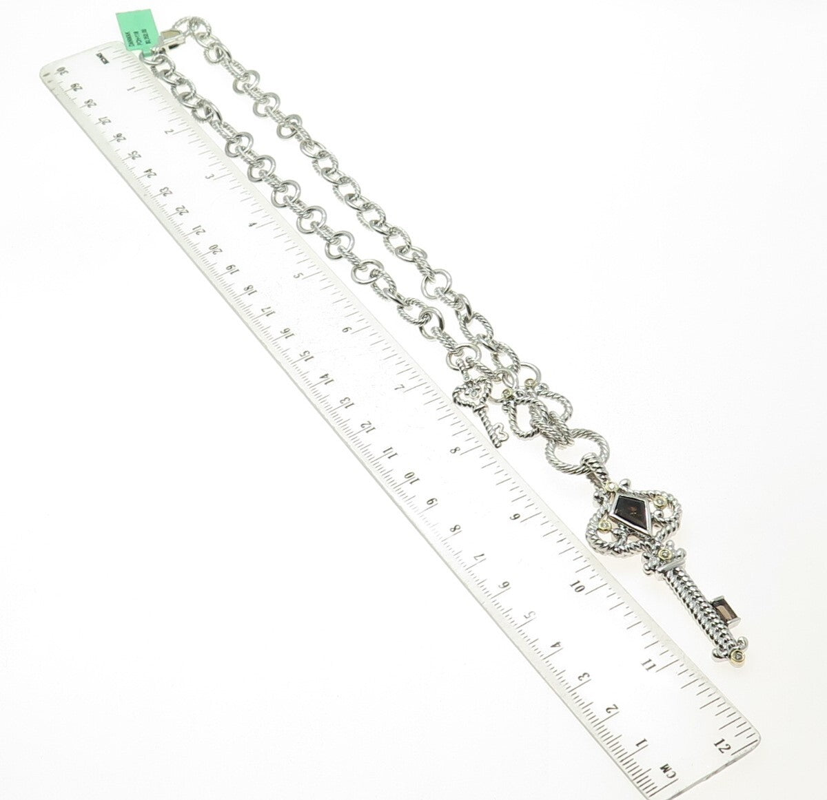 DANWAK 18K Gold Sterling 5-Diamond 0.13ct & 2-Quartz 2.38ct Key Necklace 18"