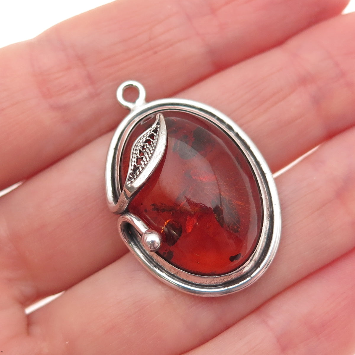 925 Sterling Silver Vintage Real Amber Modernist Filigree Floral Charm Pendant