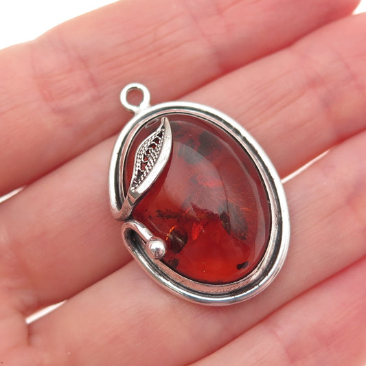 925 Sterling Silver Vintage Real Amber Modernist Filigree Floral Charm Pendant