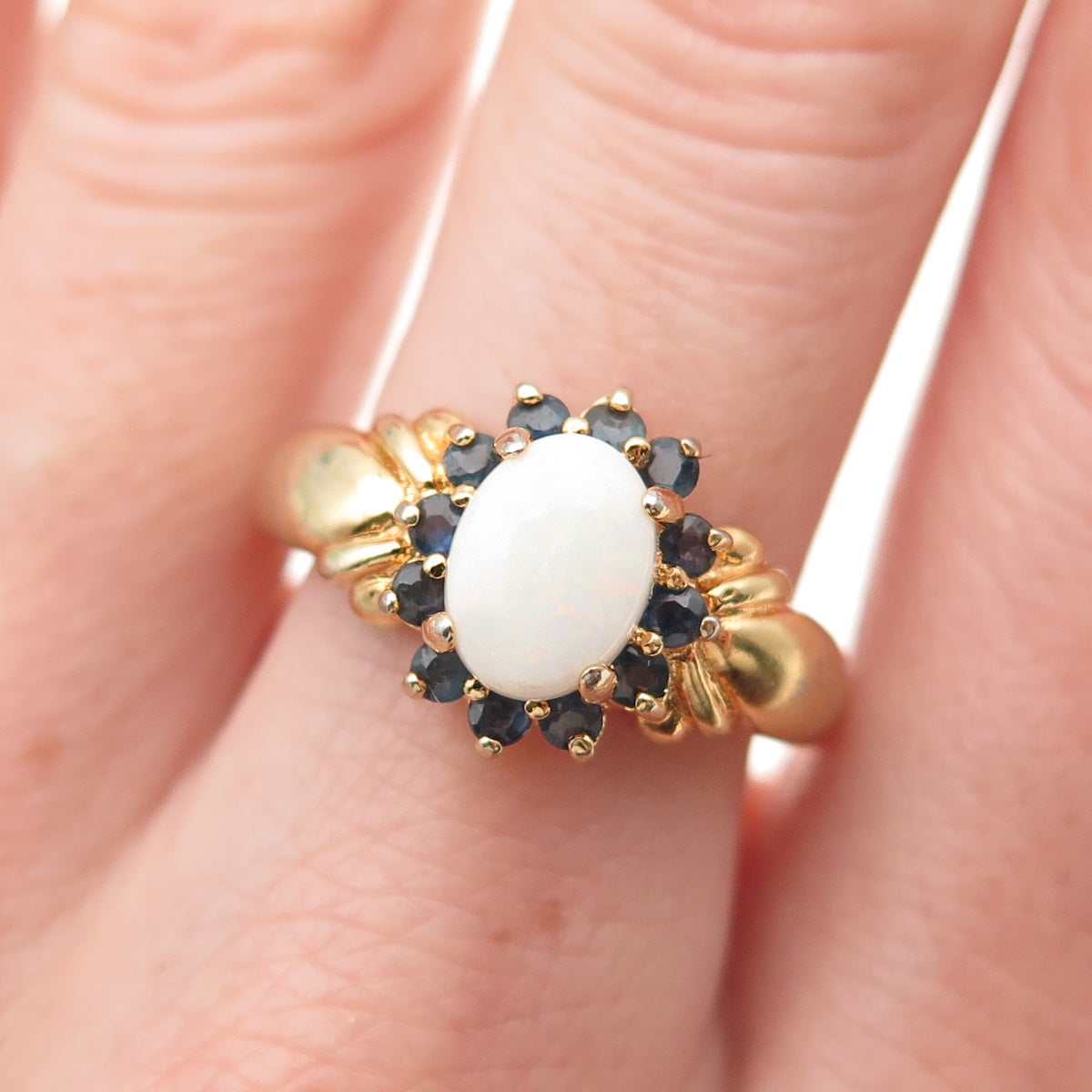 ROSS SIMONS 925 Sterling Gold Plated Vintage Real Opal & Sapphire Ring Size 8.75