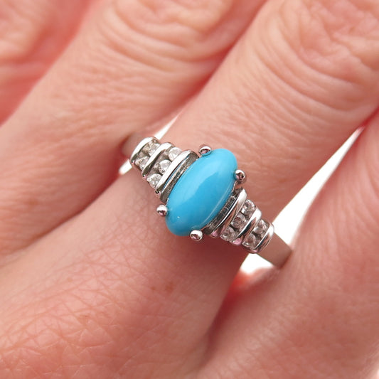 925 Sterling Silver Real Sleeping Beauty Turquoise & White Topaz Ring Size 8.25