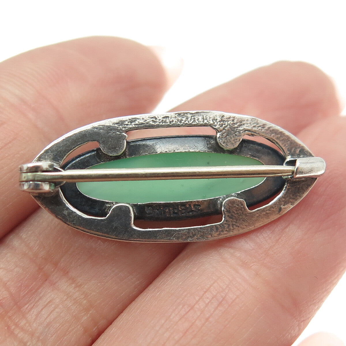 925 Sterling Silver Antique Green Glass Oxidized Pin Brooch