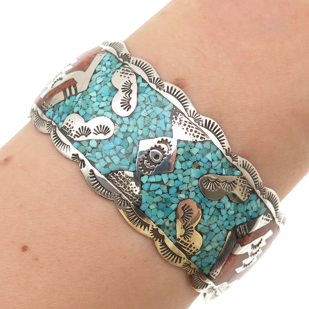 Indian Hand Made Jewelry Old Pawn Sterling Turquoise Coral Inlay Bracelet 6.25"