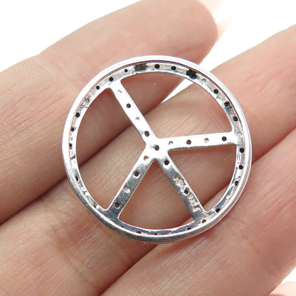 925 Sterling Silver Real Round-Cut Black Diamond Peace Symbol Slide Pendant