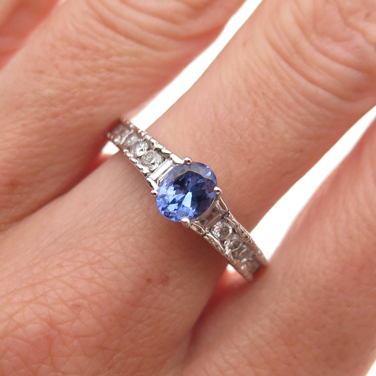 Chuck Clemency 925 Sterling Silver Real Tanzanite & White Topaz Ring Size 8.25