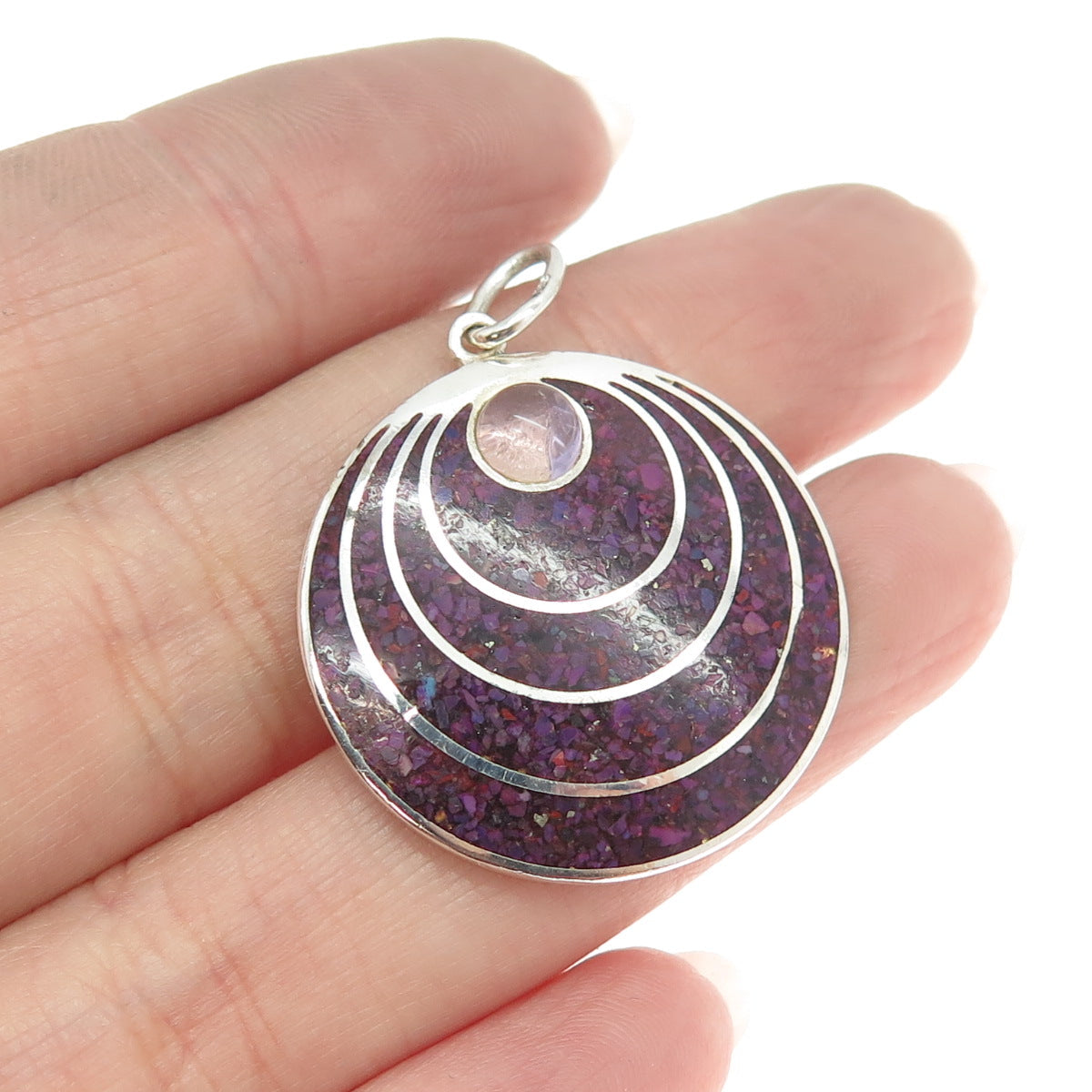 925 Sterling Silver Vintage Real Sugilite Inlay & Amethyst Modernist Pendant