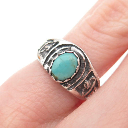 Old Pawn 925 Sterling Silver Vintage Turquoise Oxidized Tribal Ring Size 4.25