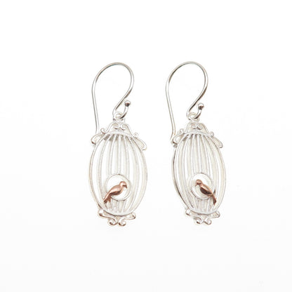 925 Sterling Silver 2-Tone Bird & Cage Dangle Earrings