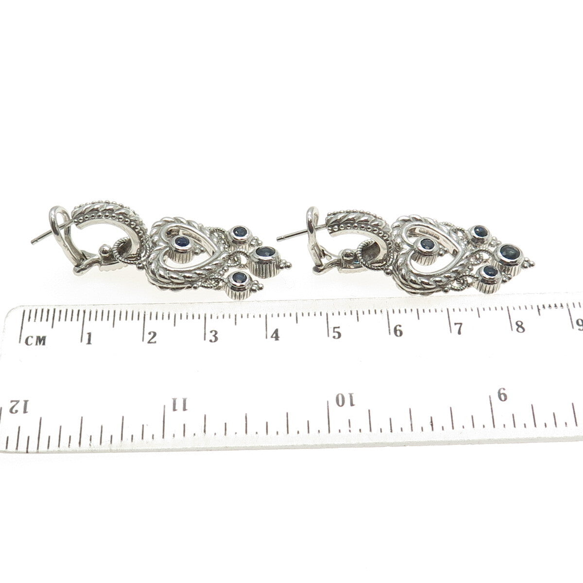 JUDITH RIPKA 925 Sterling Silver Real Sapphire Heart Charm Omega Back Earrings