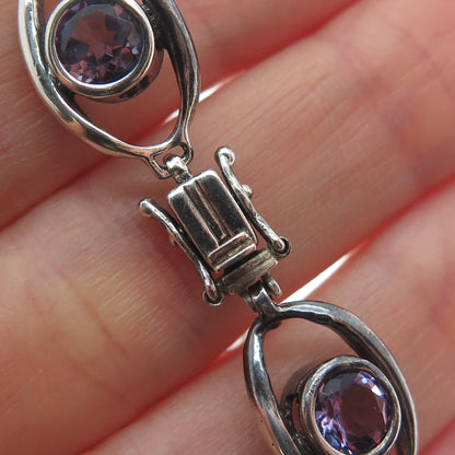 925 Sterling Silver Vintage Real Amethyst Gem Oval Link Oxidized Bracelet 7"