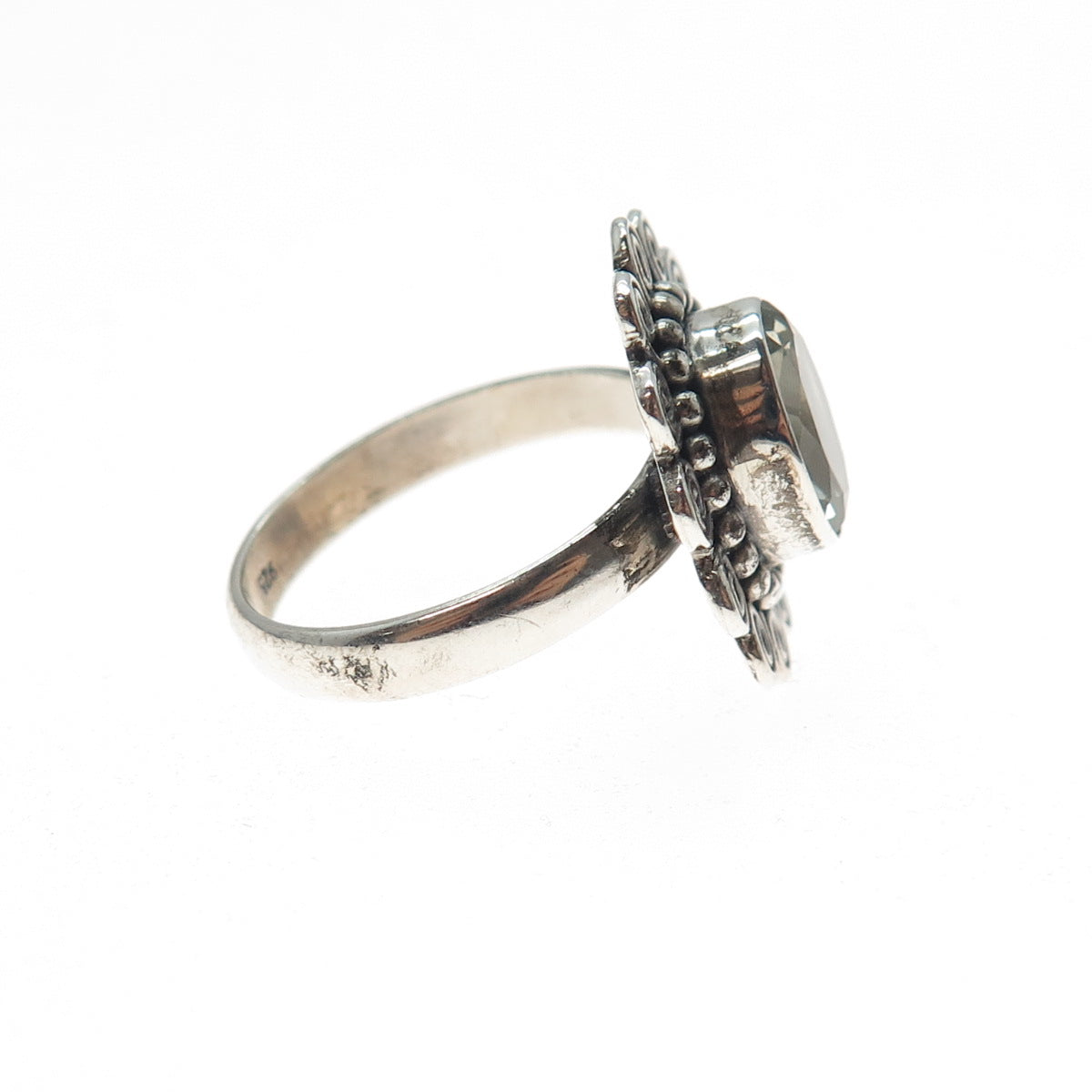 925 Sterling Silver Vintage Real Green Amethyst Swirl Beaded Ring Size 8.25