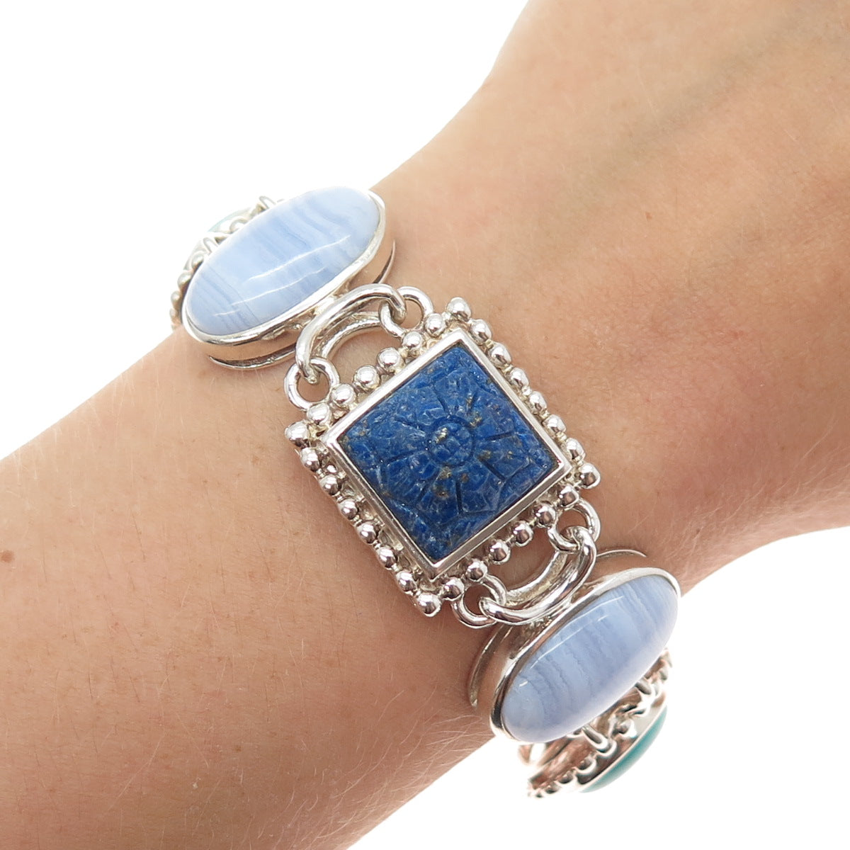WHITNEY KELLY Sterling Silver Vintage Agate Turquoise Lapis MOP Bracelet 7-7.25"