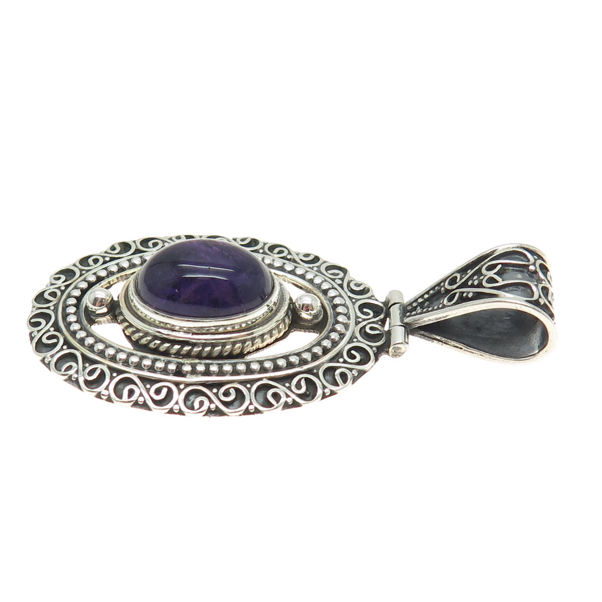 925 Sterling Silver Vintage Real Cabochon Amethyst Swirl Oxidized Pendant