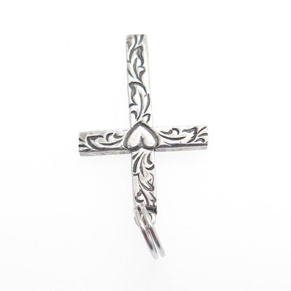 BEAU 925 Sterling Silver Vintage Heart & Feather Cross Oxidized Pendant