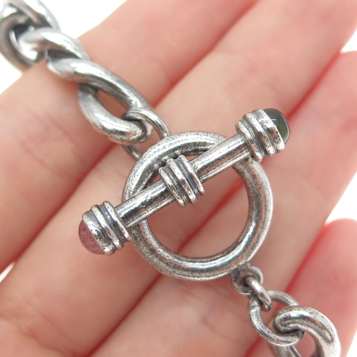925 Sterling Silver Vintage Real Green & Pink Tourmaline Twisted Bracelet 6.75"