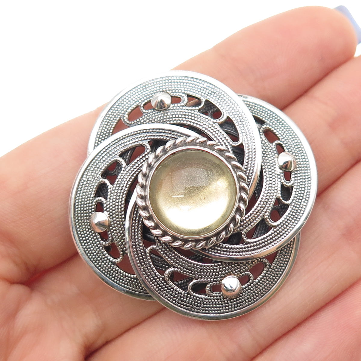 MIRAJ 925 Sterling Silver Vintage Glass Modernist Flower Oxidized Pin Brooch